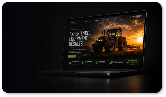 Inskip Agricultural Co. website displayed on a laptop with tractor imagery at sunset.