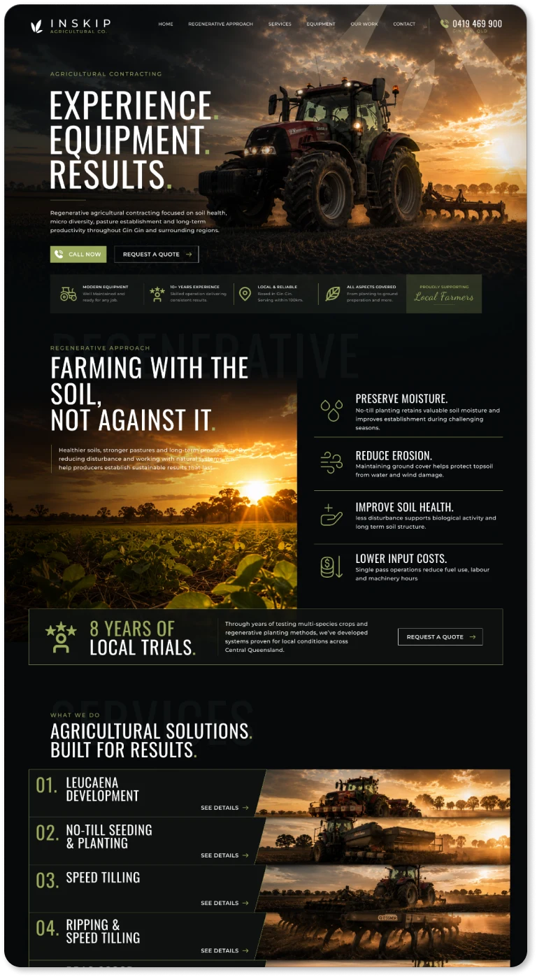 Inskip agricultural contracting website, featuring tractor imagery and service information.