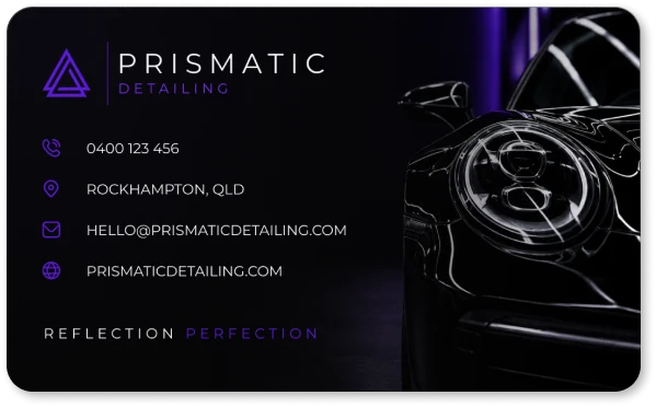 Prismatic business card design with purple contact details and automotive photography.