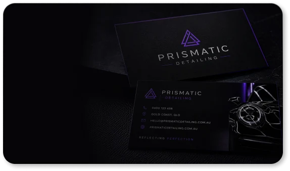 Prismatic Detailing black business cards with purple identity and a detailed black sports car.