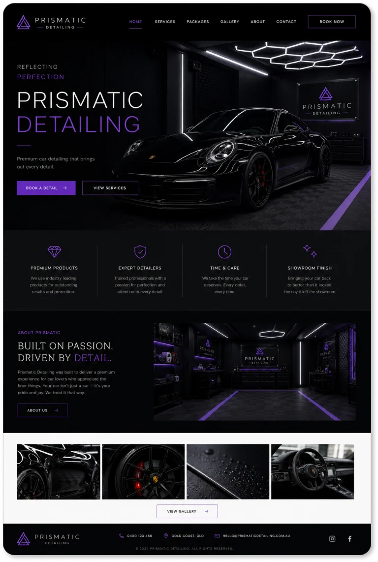 Prismatic website design, showing the homepage, services and automotive imagery.