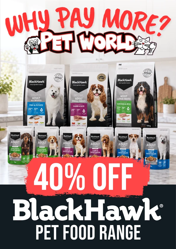 Black Hawk pet-food campaign with clear red offer typography.
