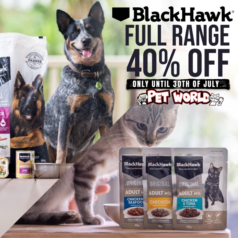 Black Hawk full-range retail offer using pet and product imagery.