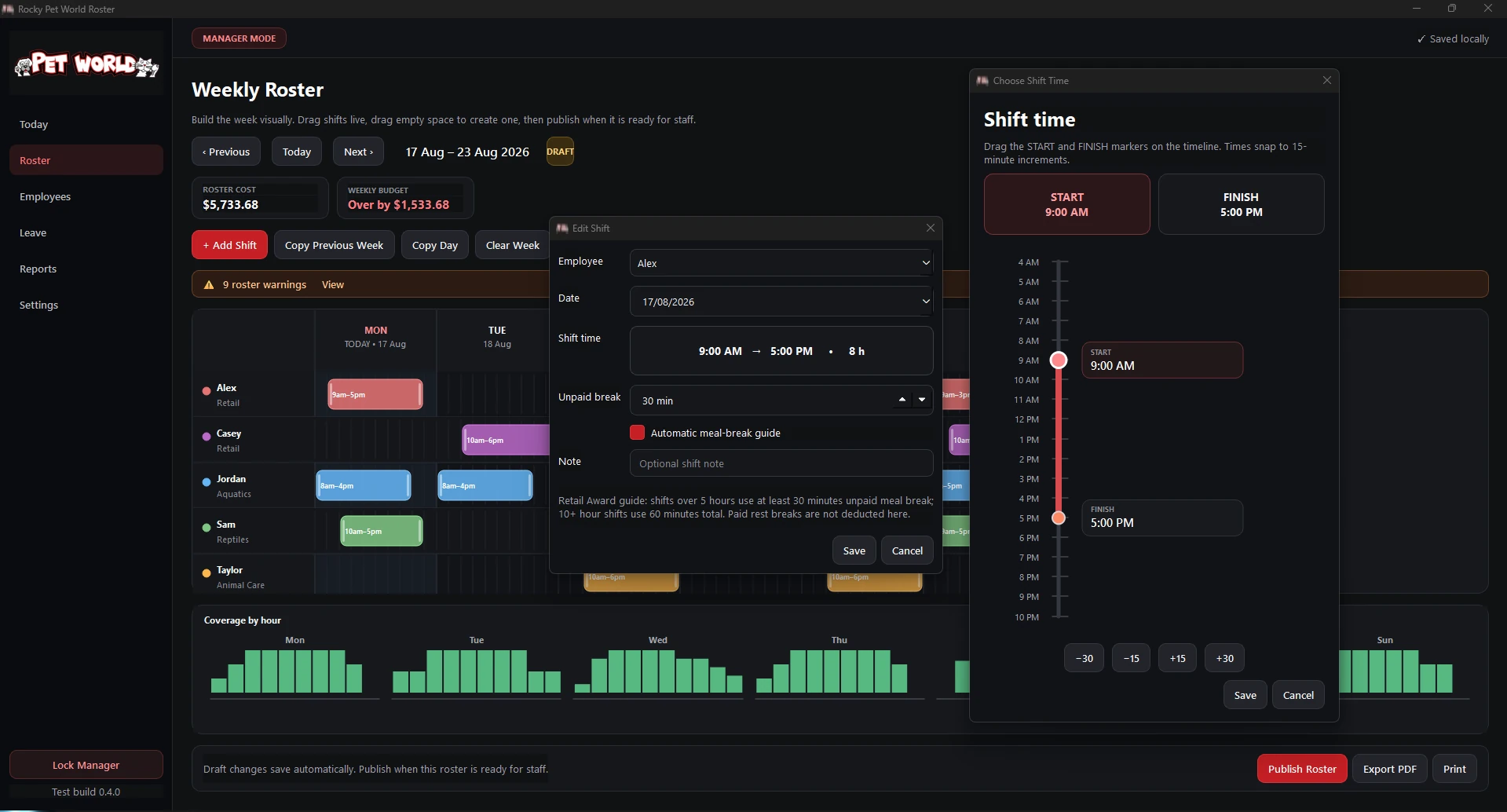 Roster shift editor with employee, day, break and start/finish controls.