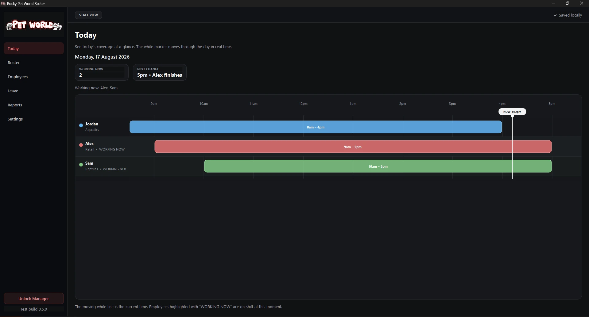 Staff Today screen showing a daily shift timeline with demonstration staff.