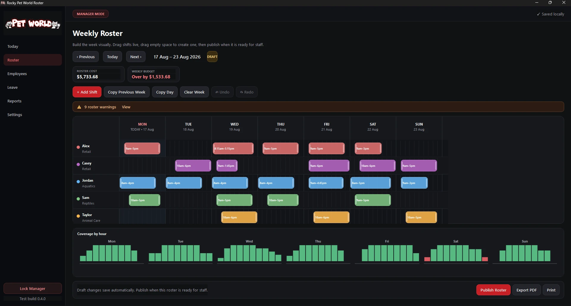 Rocky Pet World Roster development view showing a colour-coded weekly roster and hourly coverage with demonstration staff.